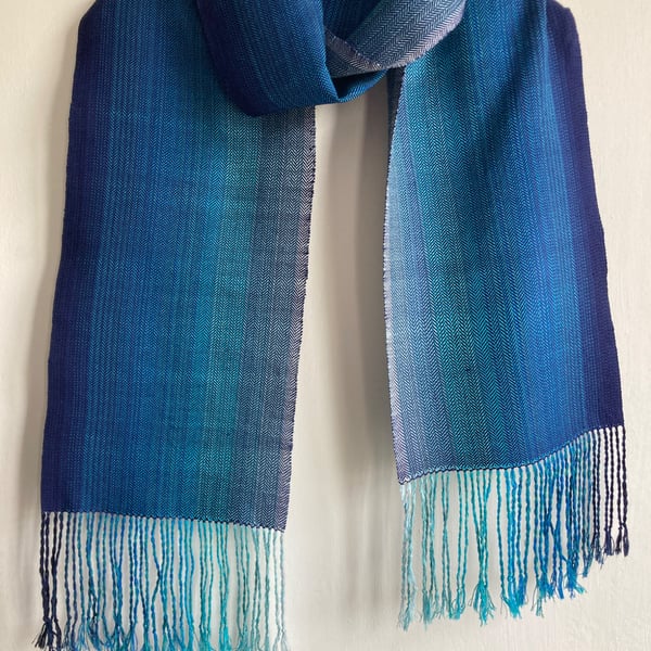 Deep Blue Sea Cotton and Silk Herringbone Summer Scarf