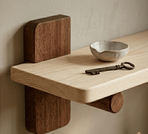 Folating wooden shelves. Japandi Redwood and  Meranti Teak