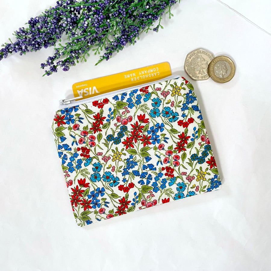 Coin Purse Card Wallet Money Pouch Wildflowers Cream Fabric 