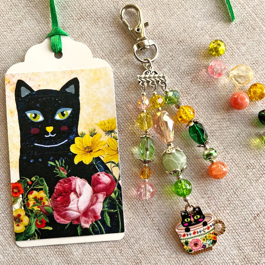 Cat bag charm, black cat, cat charm, cat in a cup, cat gift, cat lover, cat