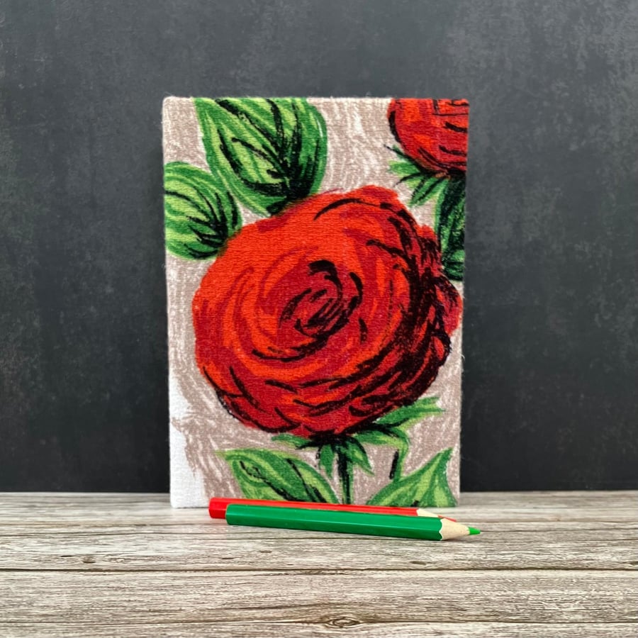 Handmade A6 Notebook, Sketchbook, 1950s Vintage Fabric, Red Roses, Purple Tulips