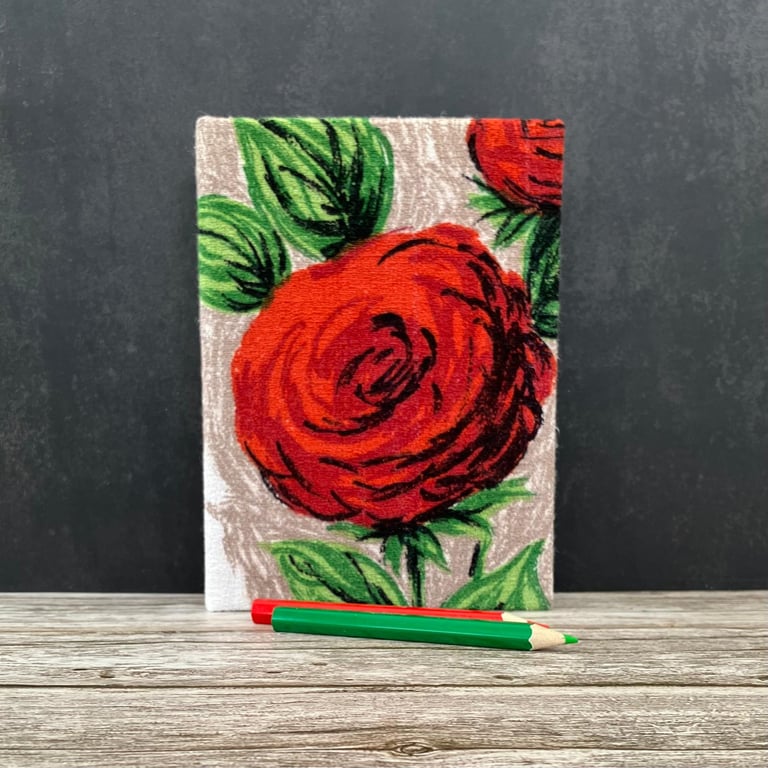 Handmade A6 Notebook, Sketchbook, 1950s Vintage Fabric, Red Roses, Purple Tulips