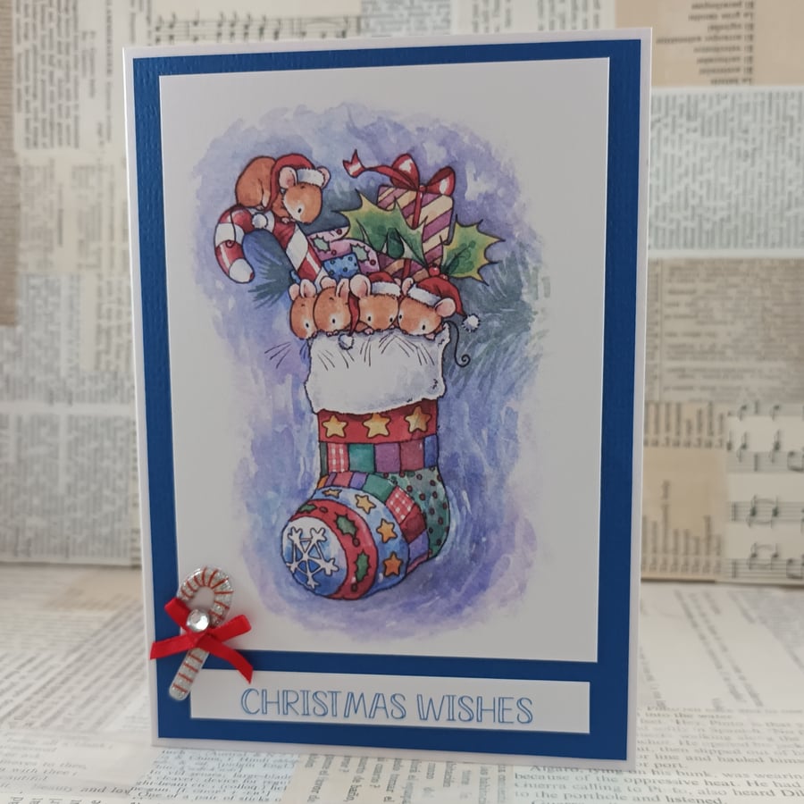 Cute mice in stocking Christmas card