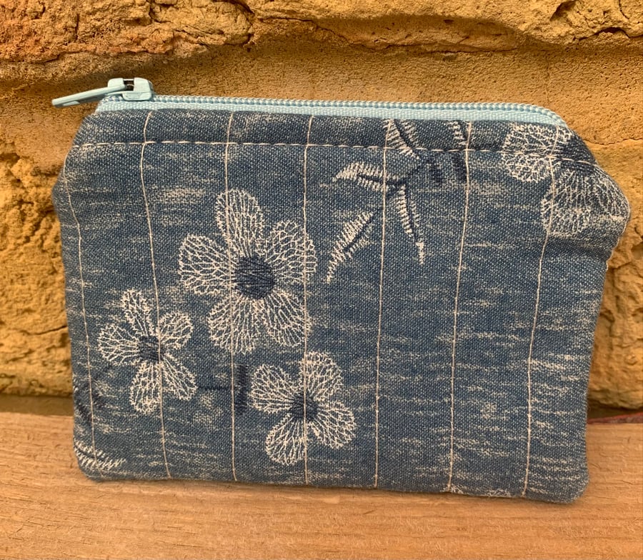 Blue Chambray Floral Fabric Quilted Mini Purse