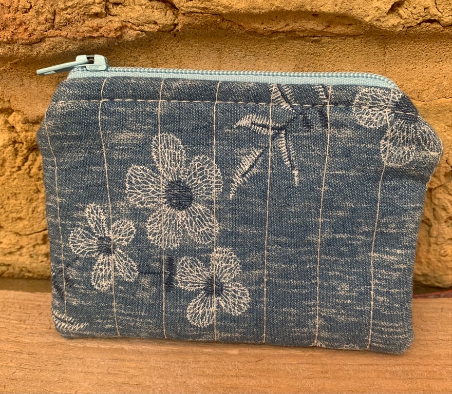 Blue Chambray Floral Fabric Quilted Mini Purse
