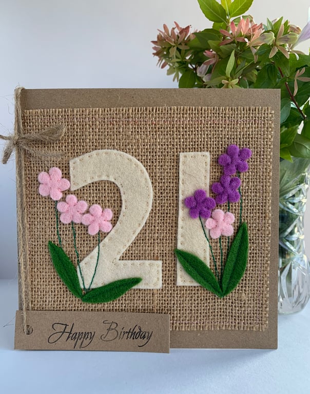 21st Handmade Birthday Card from felt. Keepsake Card. Textile card.