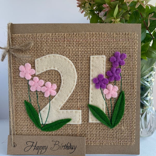 21st Handmade Birthday Card from felt. Keepsake Card. Textile card.