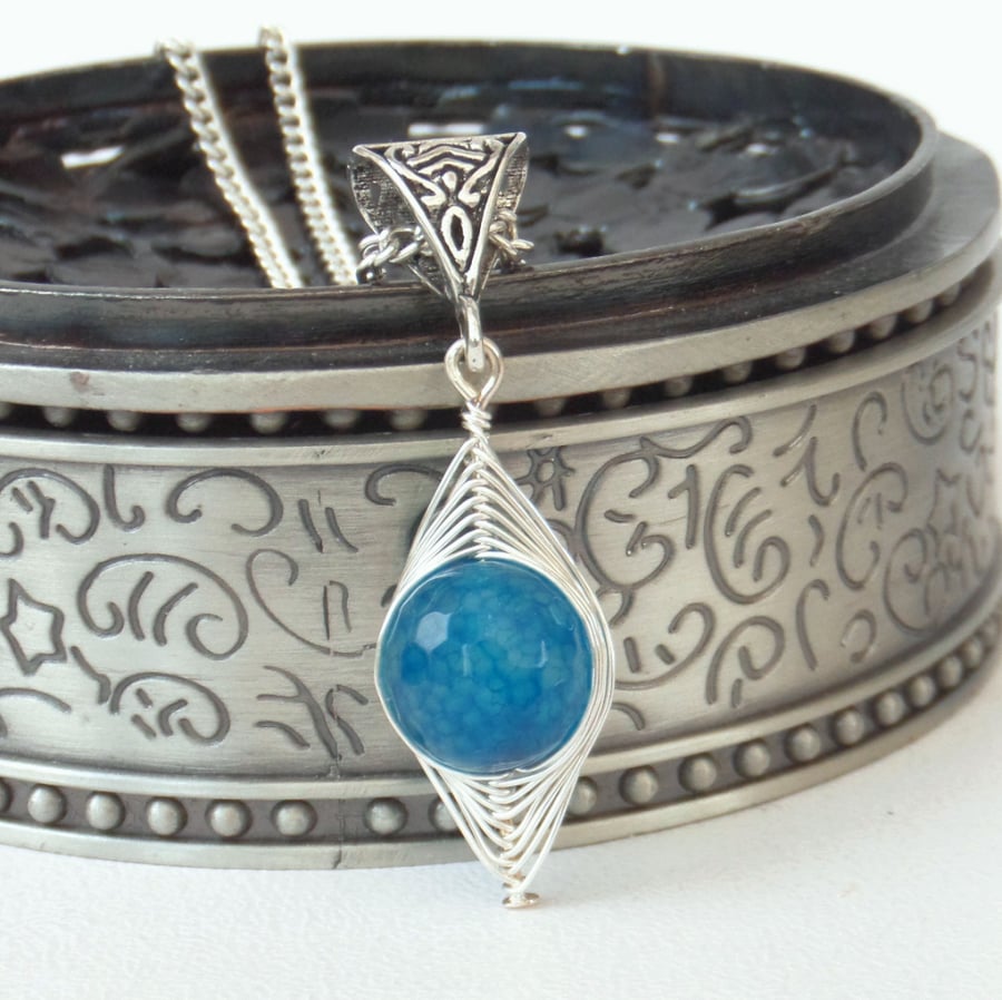 Wire wrapped blue agate necklace