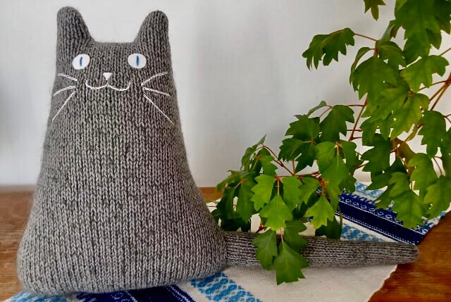 Mohair grey knitted cat cushion, gift for a cat lady