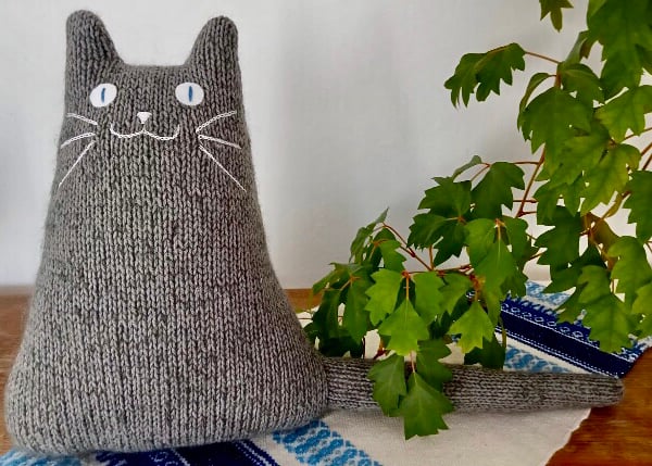 Mohair grey knitted cat cushion, gift for a cat lady