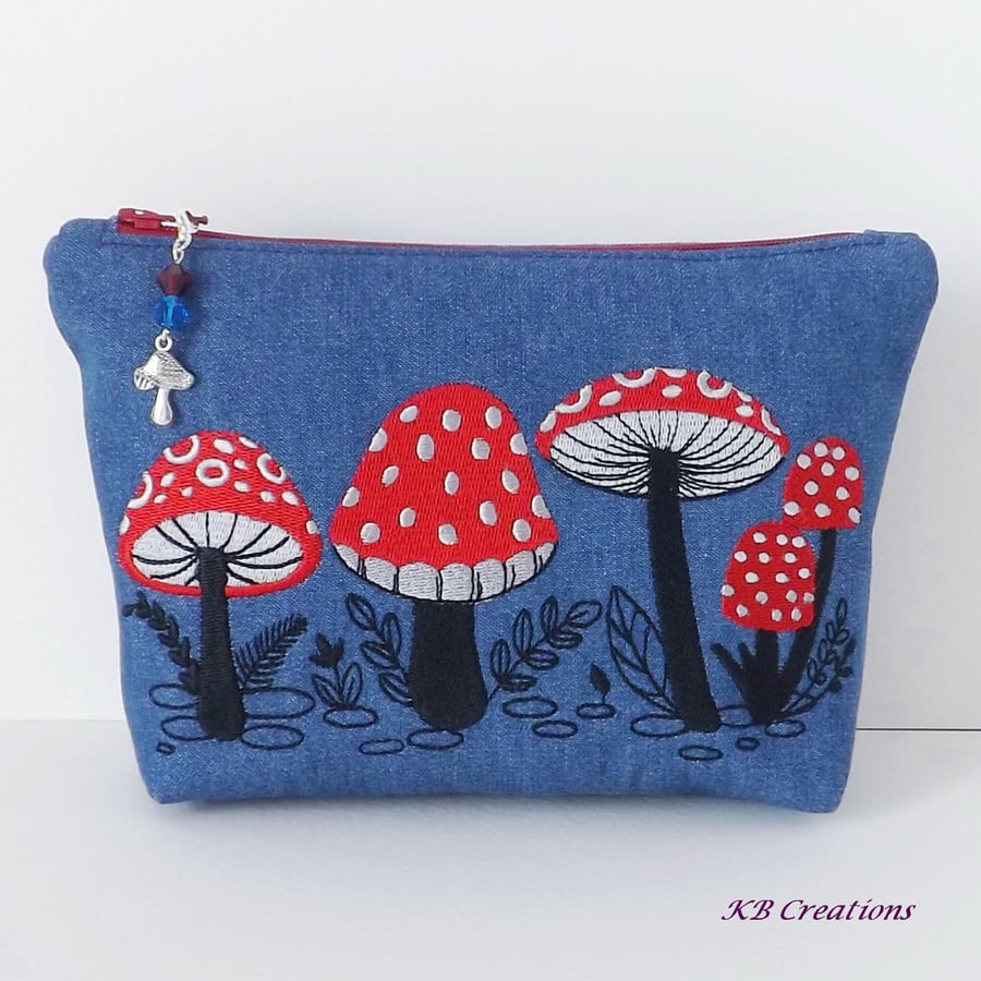 Embroidered zipped pouch, make up bag, toadstools, mushrooms.