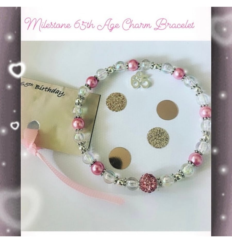 65th age charm milestone birthday gift stretch beaded shamballa bracelet pink