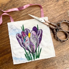 Embroidered up-cycled crocus home decoration.