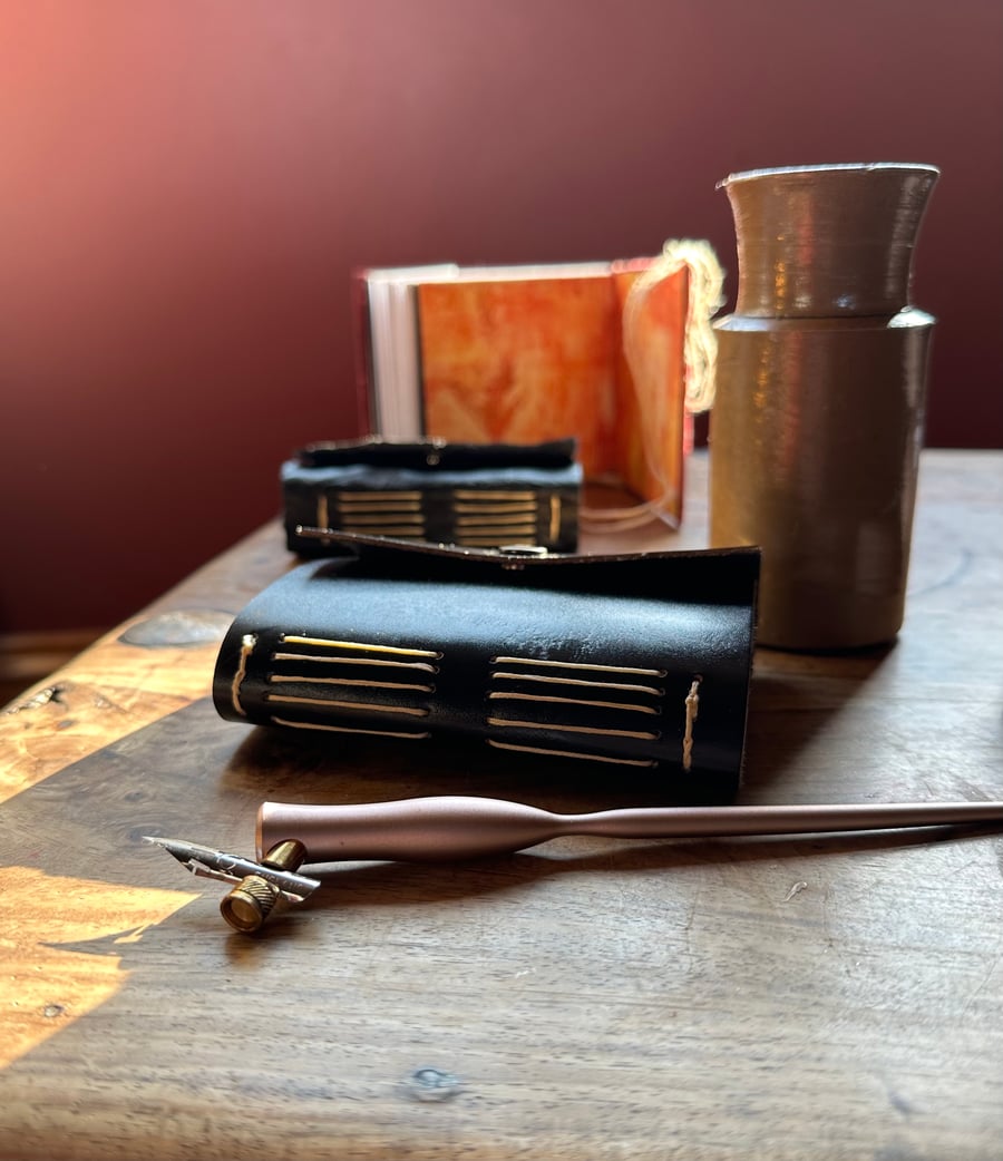 Up-cycled stiff leather, handmade long stitch pocket journal, 200gsm paper