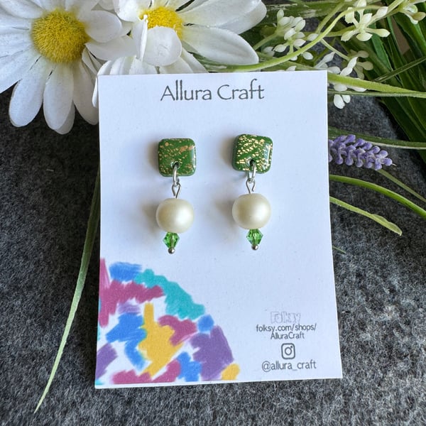 Olive Green and Pearl Drop Earrings