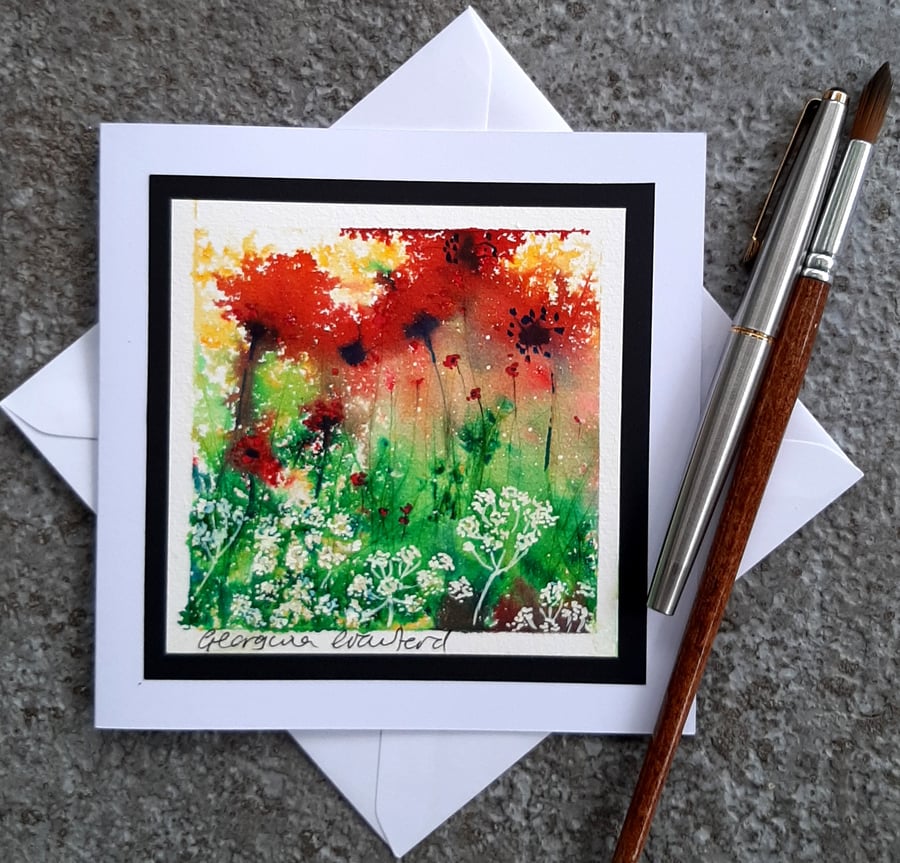 Blank Handpainted Card. Ragged Poppies. The CardThat's Also A Keepsake