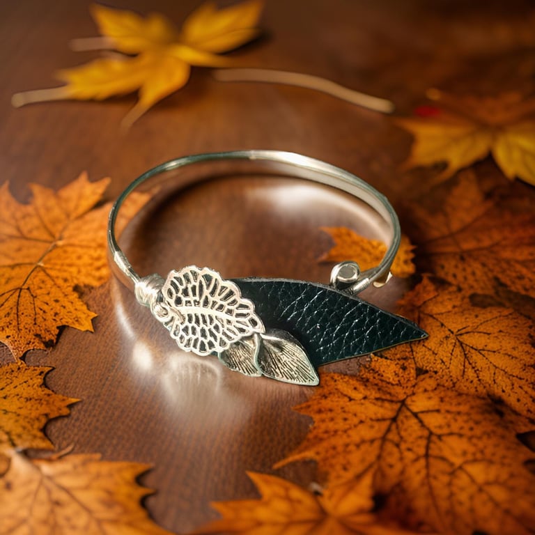 Silver Leaf  Bangle - Calla Lilly Charm with Leather & Silver Leaves