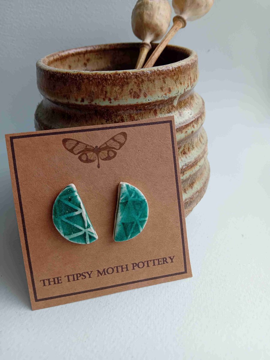 Blue green semi circle stud porcelain clay earrings on surgical steel posts