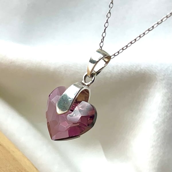 Sterling Silver Necklace Amethyst Crystal Heart Pendant