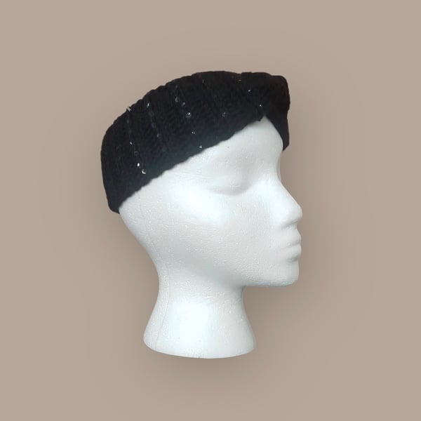 Ladies crochet beaded headband (ear warmer). Size 9” by 3”. Colour black.
