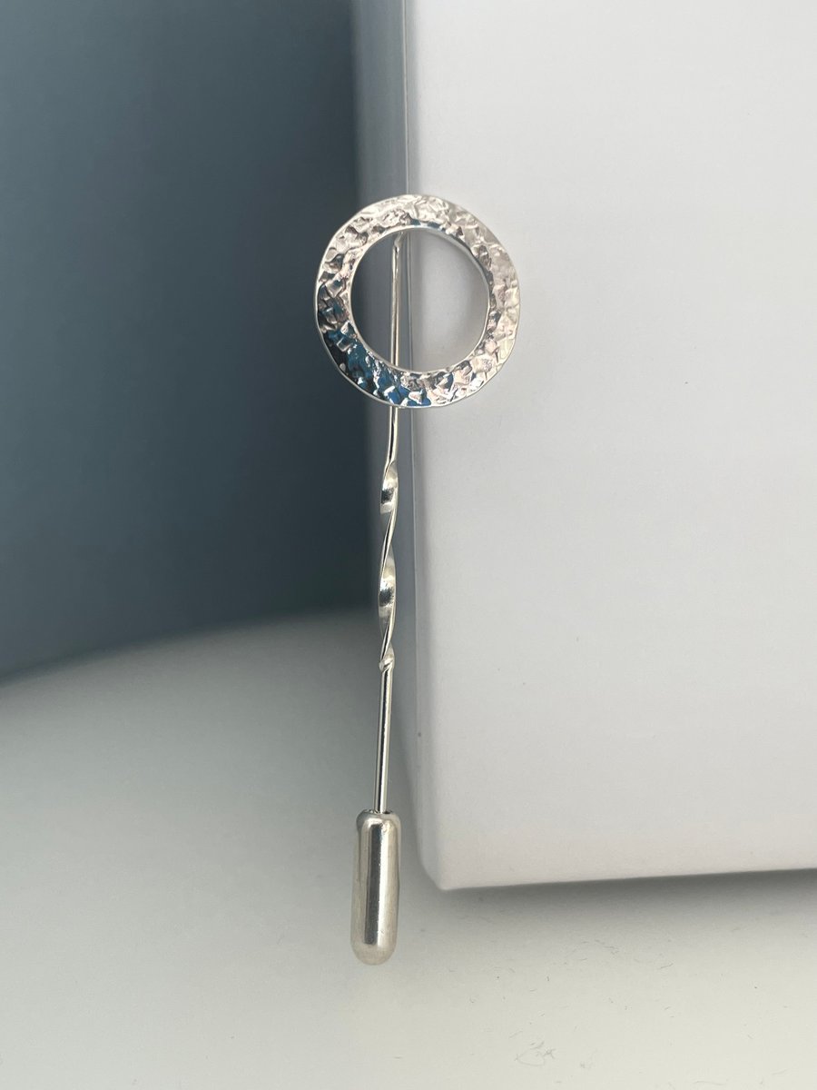 Sterling Silver Hammered-Sparkly Circle Tie & Lapel Stick Pin-Brooch 