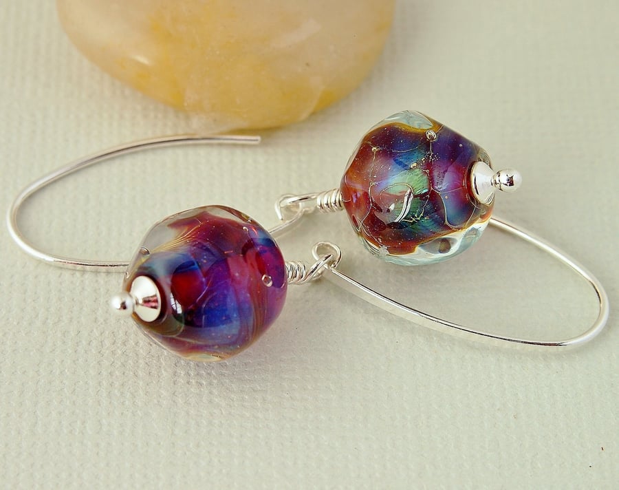 Lampwork Glass Earrings - Blue - Purple - Red - Sterling Silver 