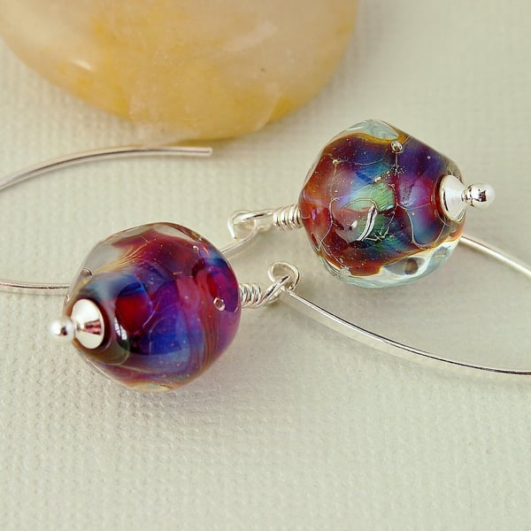 Lampwork Glass Earrings - Blue - Purple - Red - Sterling Silver 