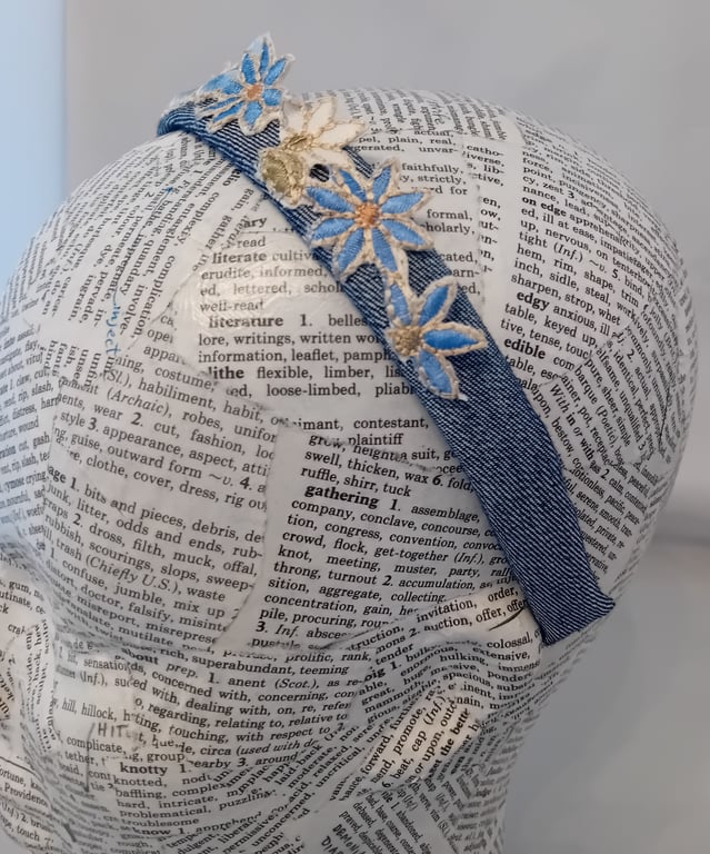 Denim Hairband or Headband with Vintage Lace Detail 