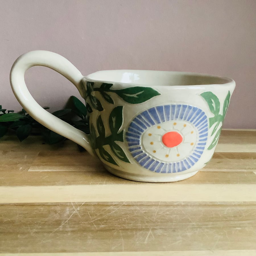 Handmade stoneware sgraffito green leaf with lilac flowers mug tea coffee cup 