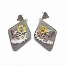 Diamond Shaped Resin Steampunk Earrings with Metal Inclusions