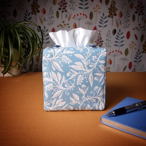 Square Tissue Box Cover - Wildflowers on Light Blue