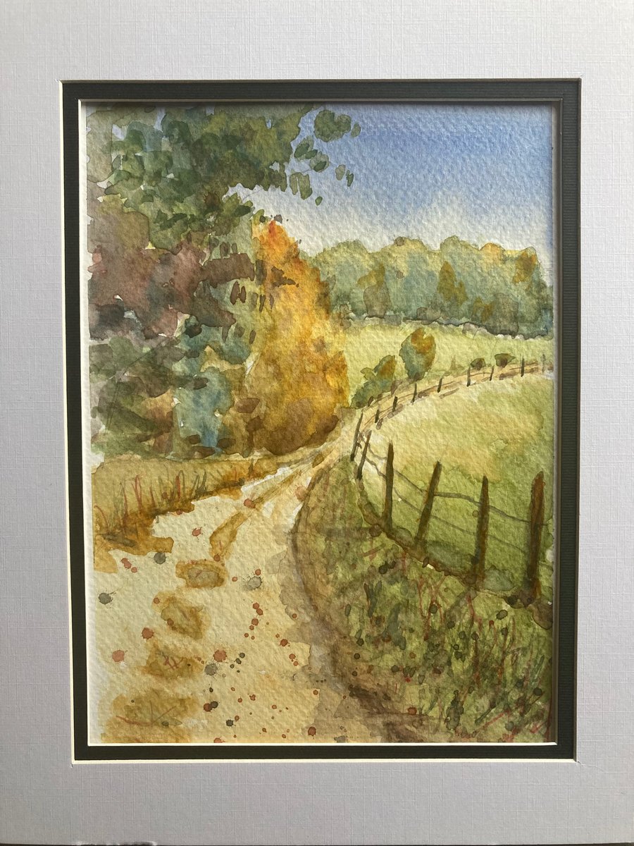 Watercolour of English country lane, landscape of England. 