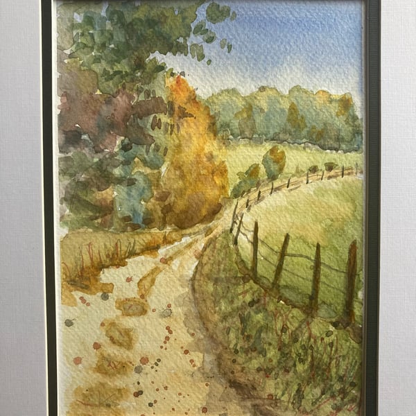 Watercolour of English country lane, landscape of England. 