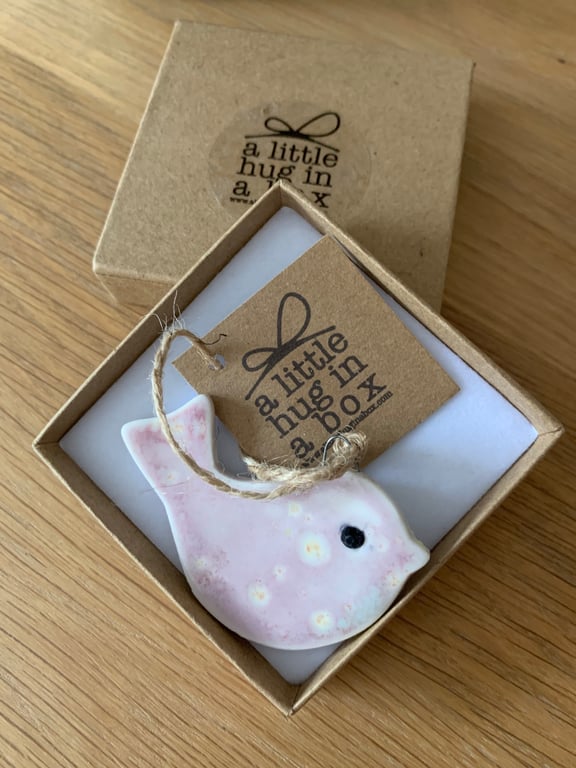  A Little Hug in a Box Hand Made Baby Pink Speckled Porcelain Bird  
