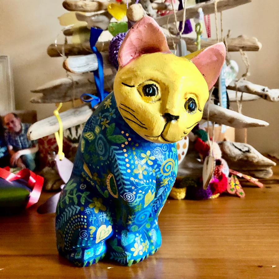 Upcycled hand painted wooden cat