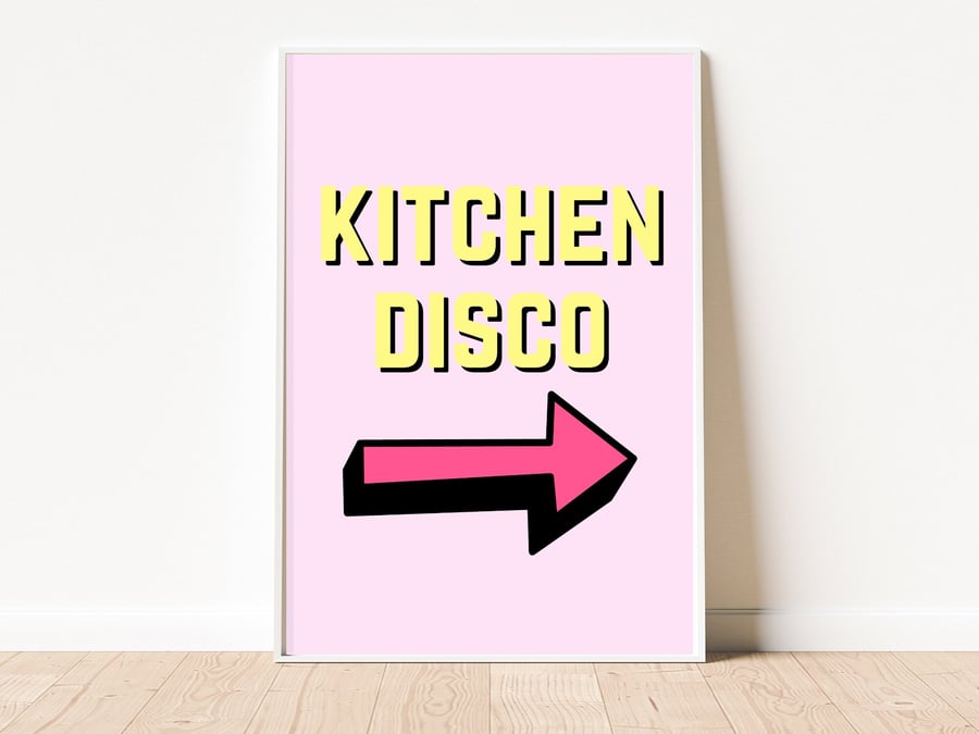 Kitchen Disco Art Print, Unframed Pink and Yellow Typographic Print