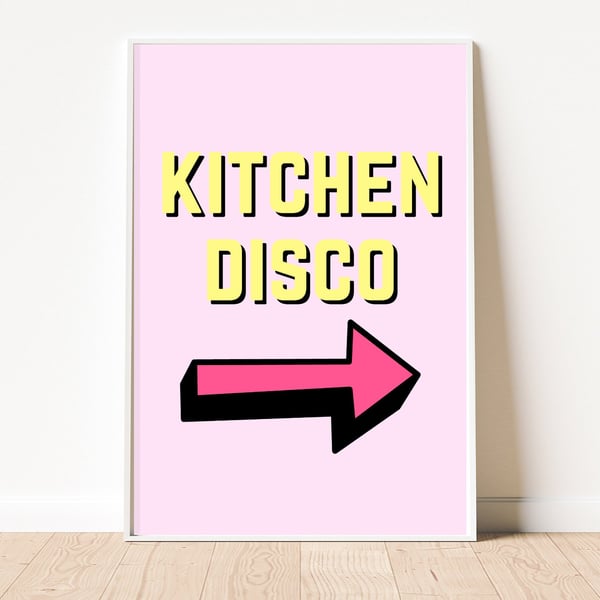 Kitchen Disco Art Print, Unframed Pink and Yellow Typographic Print