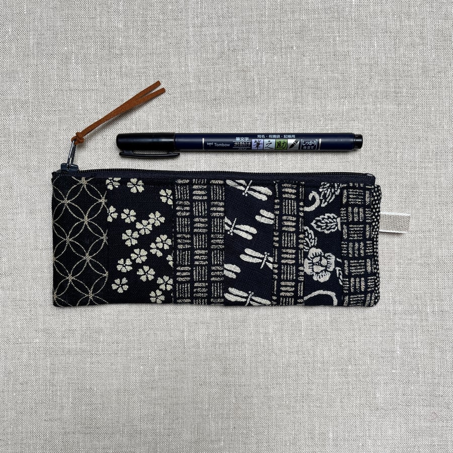 Slim Pencil Case Indigo Japanese Patchwork Fabric