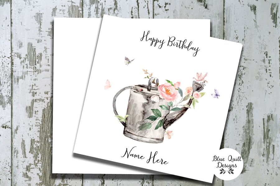 Floral Watering Can Garden Themed Watercolour Print Personalised Birthday Card