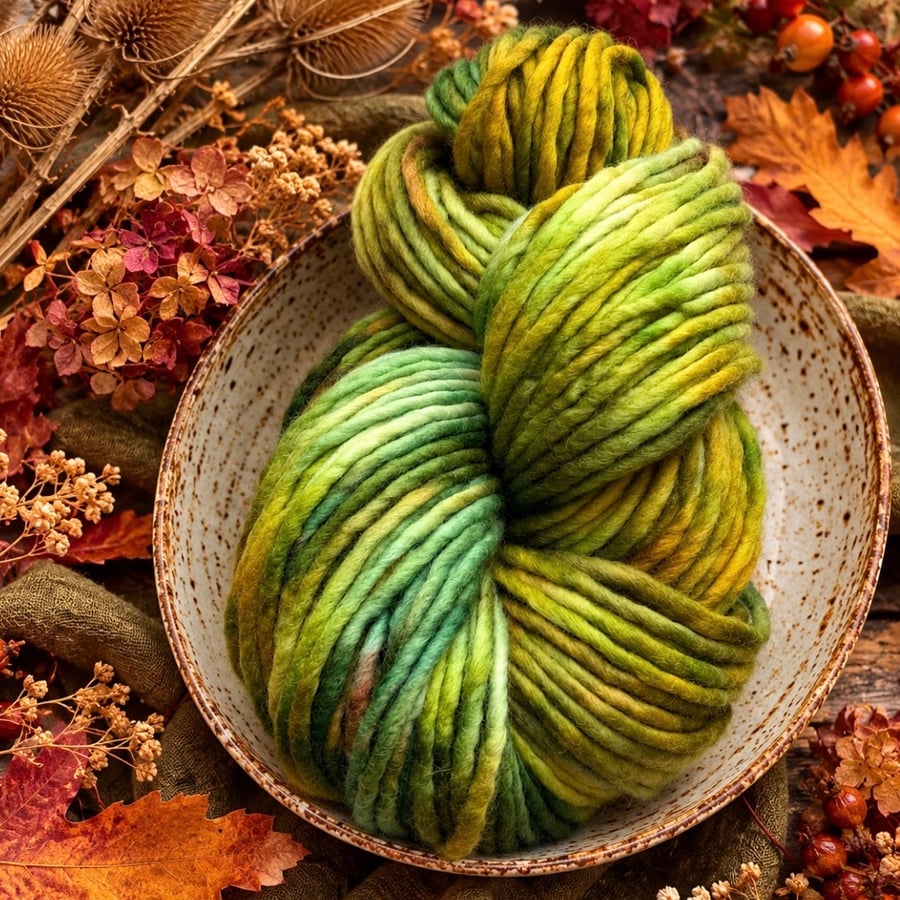 200g Hand dyed super chunky merino yarn, autumnal mixed greens palette W23