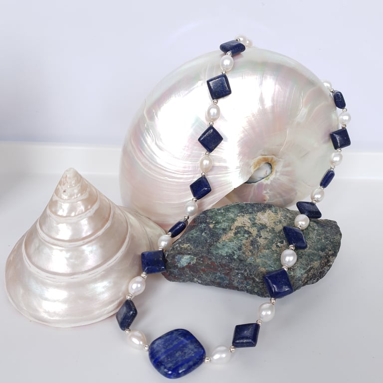 Lapis Lazuli Cultured Pearl & Sterling Silver Necklace Free UK PP