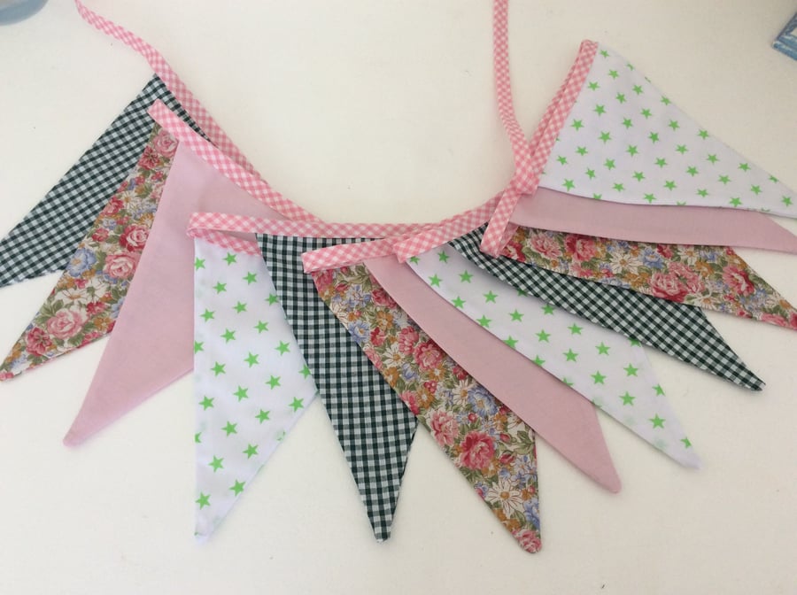 Pink and green Bunting - 12 flags, spots, floral and patterns 2.4m with ties