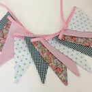 Pink and green Bunting - 12 flags, spots, floral and patterns 2.4m with ties