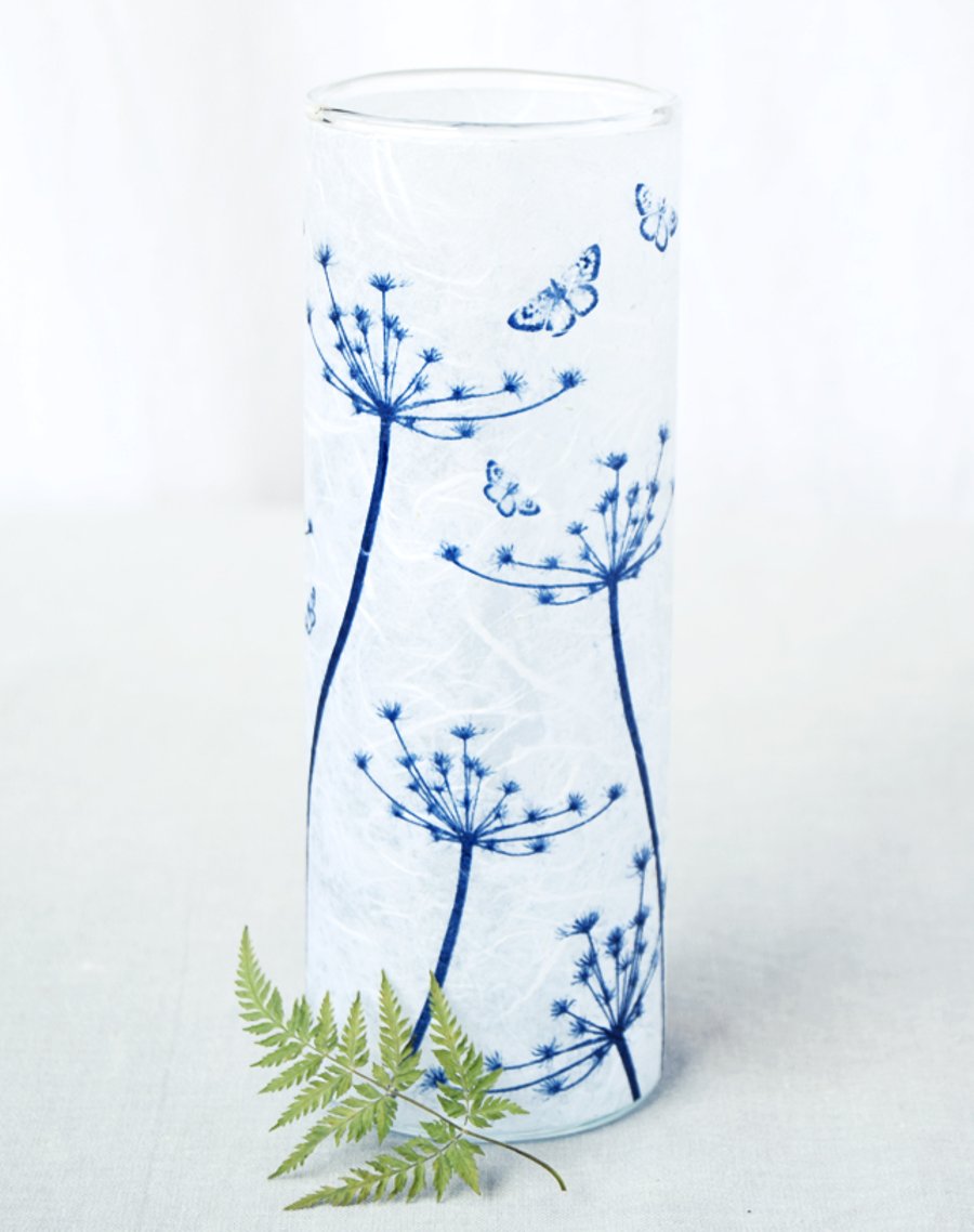 Cow Parsley Seed Heads and Butterflies Cyanotype Blue & White Tall Cylinder Vase