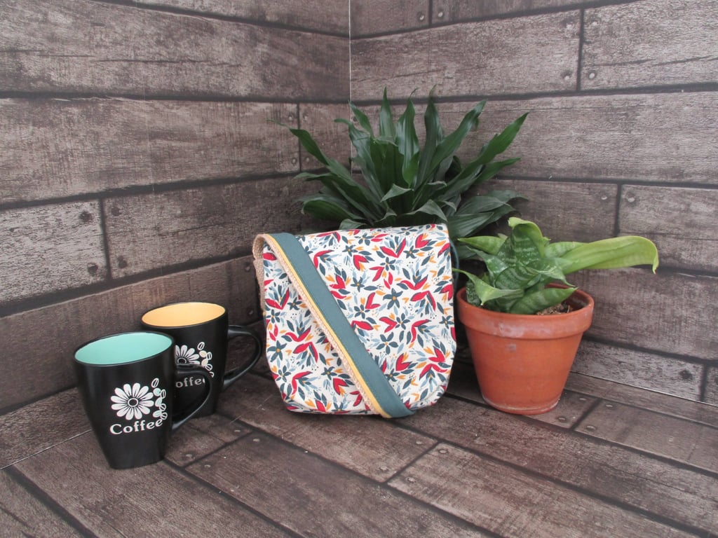 Upcycled Coffee Sack -  Mini Shoulder Bag - Teal patterned fabric
