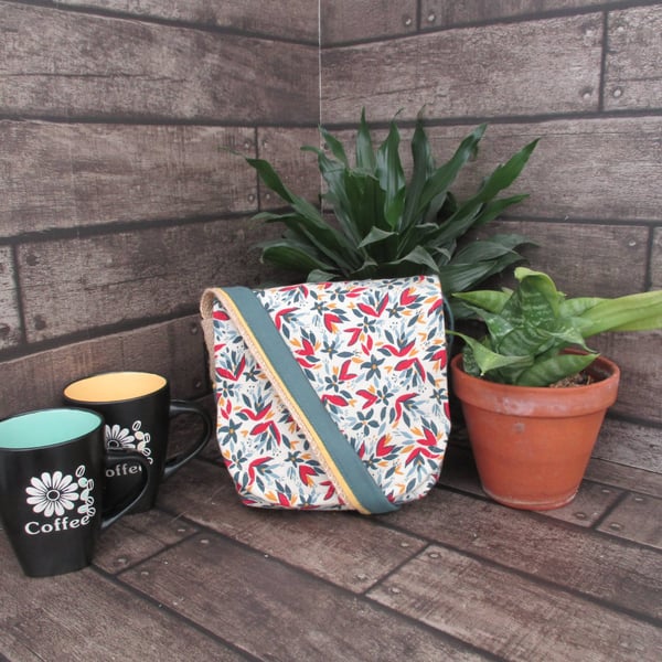 Upcycled Coffee Sack -  Mini Shoulder Bag - Teal patterned fabric
