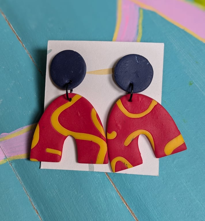 Big bold red and yellow polymer clay earrings 
