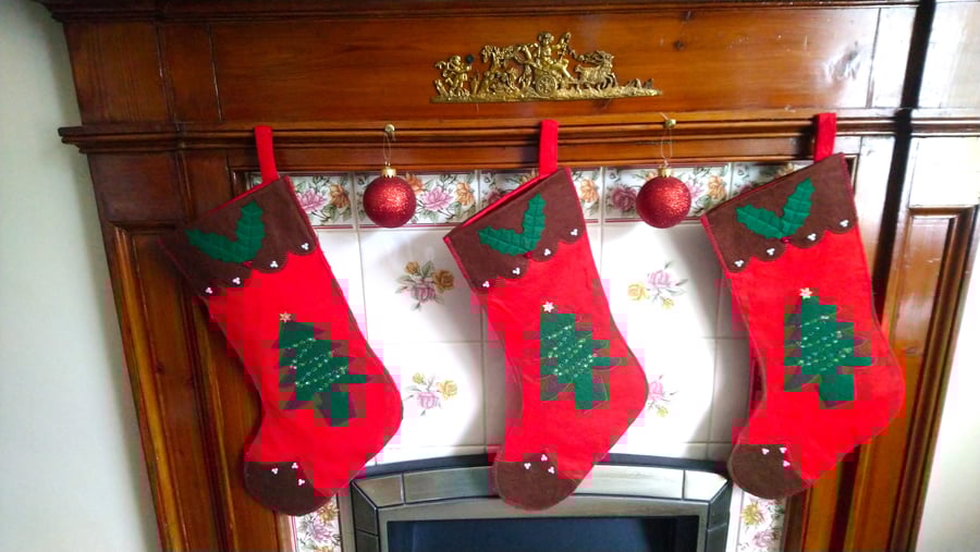  Christmas Stocking Lined with applique Holly and Trees