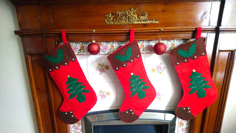 Stocking Christmas Lined with applique Holly and Trees