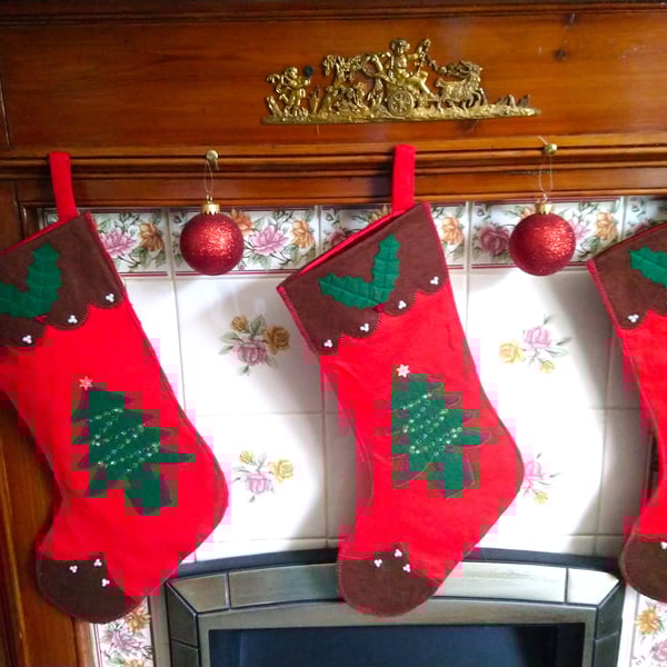  Christmas Stocking Lined with applique Holly and Trees